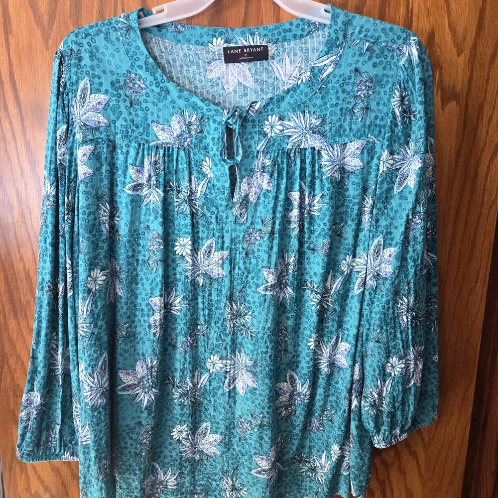 Lane Bryant Teal Floral Tie-Neck Peasant Tunic